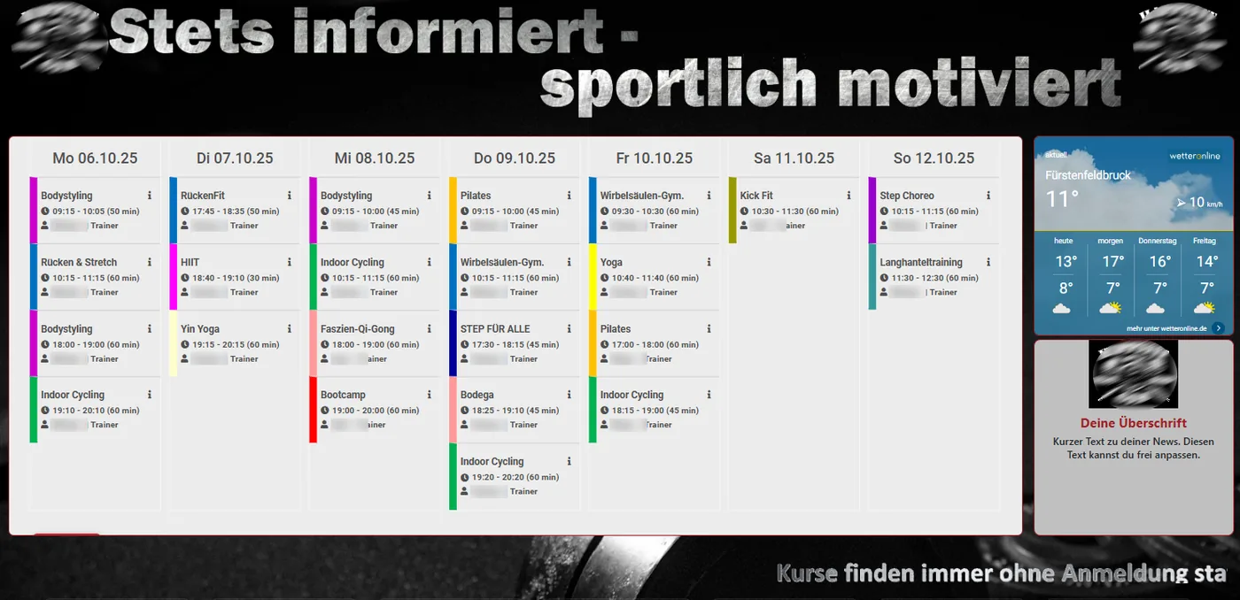 Digitales Kursplan-Display: Wochenplan mit Kursen, Uhrzeiten und Wetter