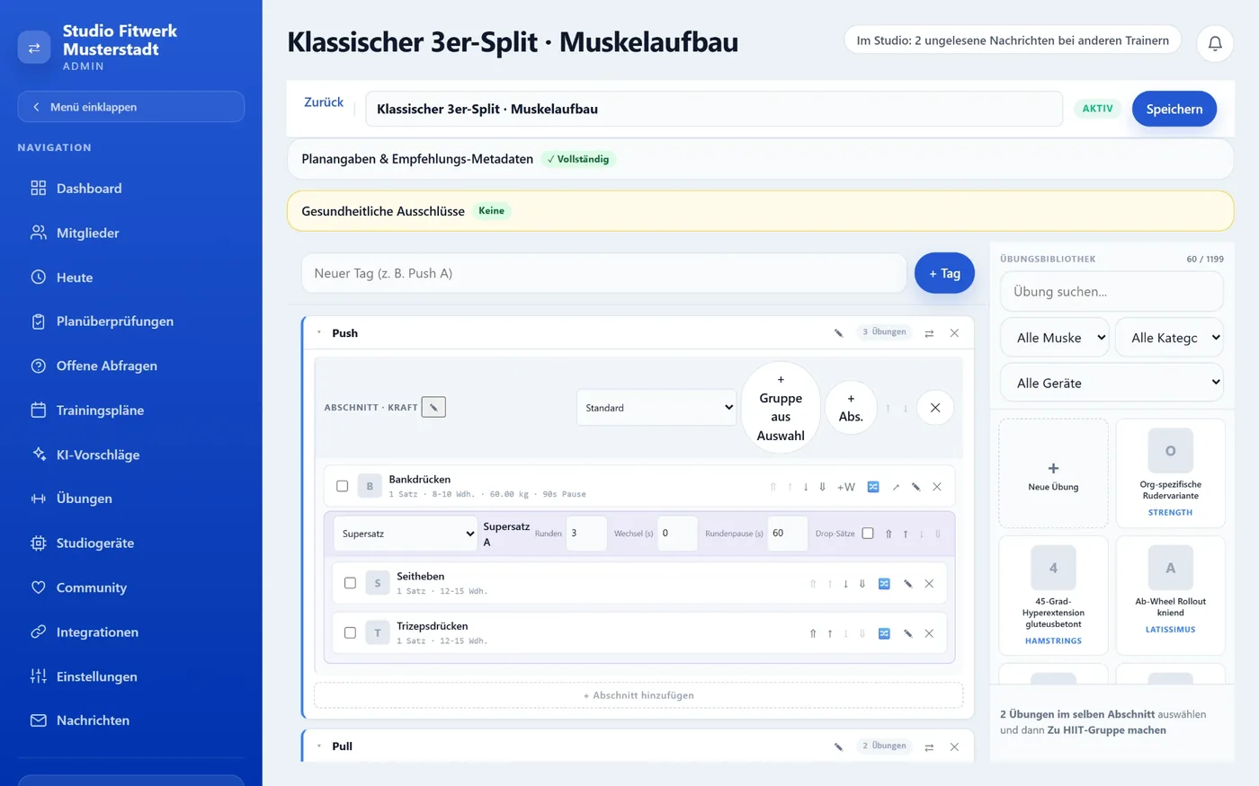 RoboPro Admin: Trainingsplan-Builder mit Tagen, Supersatz und Übungsbibliothek