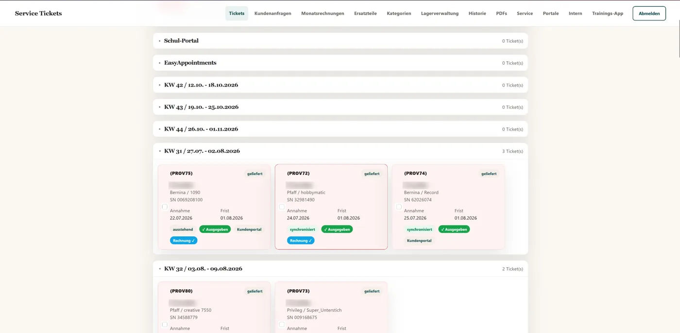Service-Ticket-System: Tickets nach Kalenderwochen mit Status und Fristen