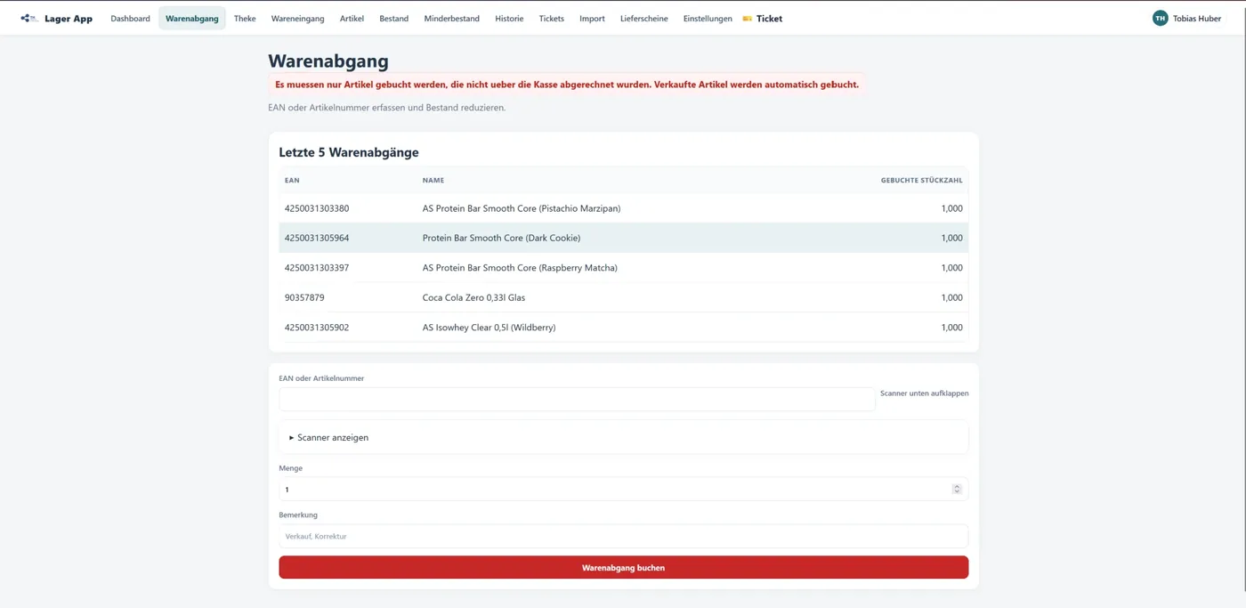 Wawi Lager-App: Warenabgang mit den letzten fünf Buchungen und Erfassung per EAN